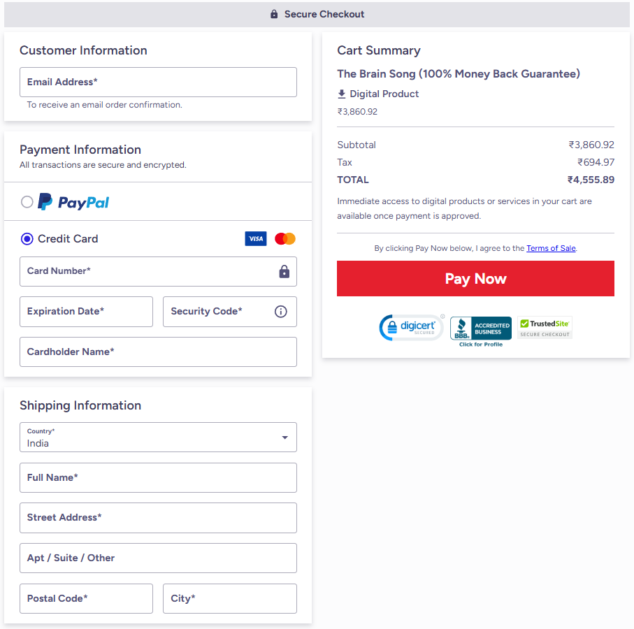 The Brain Song secure checkout page